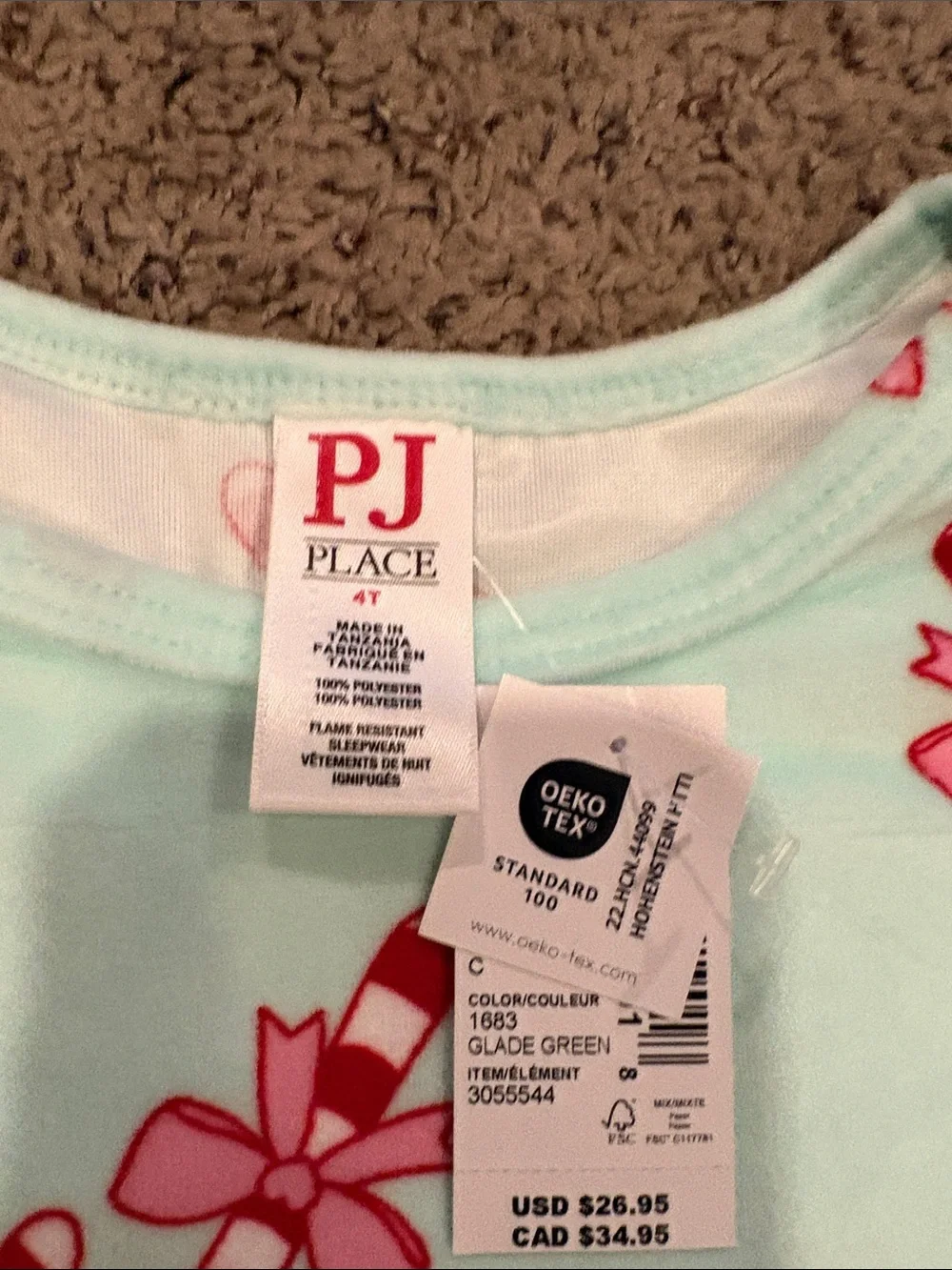 Mint Nightgown with Pink & Red Candy Cane Print